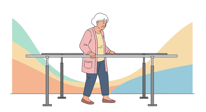 Elderly Woman Practicing Walking with Parallel Bars in Physical Therapy