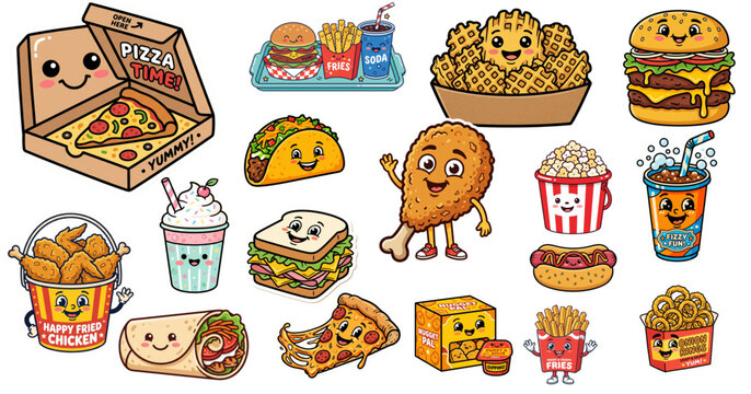 Kawaii Fast Food Characters: Pizza, Burgers, Tacos, Fries, Popcorn, Drinks & More - Fun & Delicious