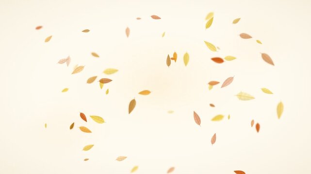 Autumn leaves swirling in the wind: golden and orange foliage spinning and drifting on light background