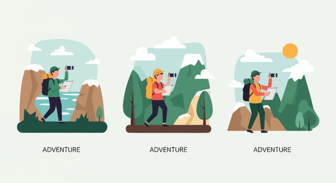 Adventure illustration: Hikers exploring mountains, forests, and lakes with backpacks