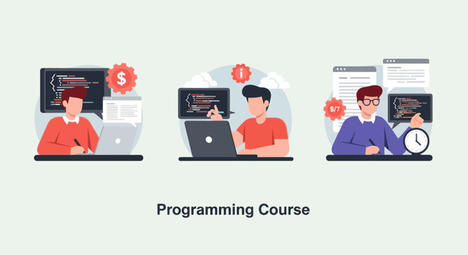 Programming Course: Developers learning coding on laptops with charts and icons