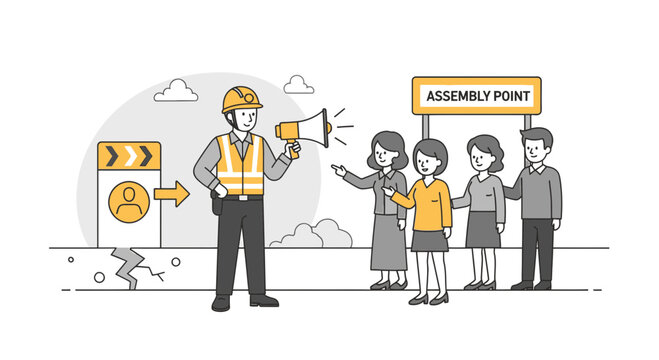 Emergency Assembly Point: Supervisor with Megaphone Directs People to Safety