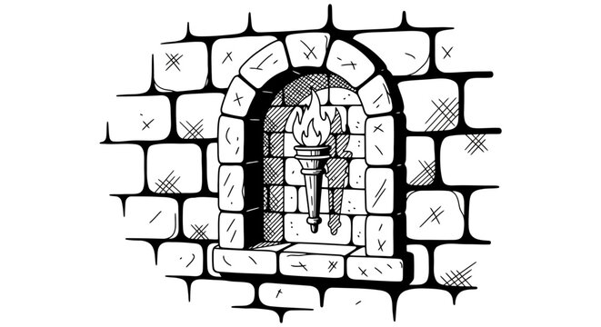 Medieval torch in stone wall: hand-drawn vintage gothic design