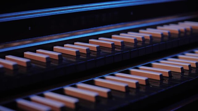 Close-Up of Piano Keyboard in Blue Stage Lighting.