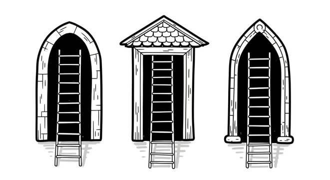 Hand-drawn ladders leading into gothic style doorways