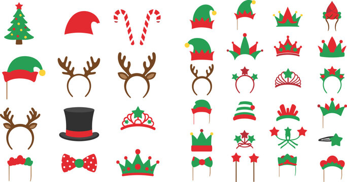Christmas Party Photo Booth Props Vector Set with Santa Hats Reindeer Antlers Elf Crowns and Festive Holiday Accessories