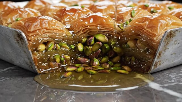 Delicious baklava with syrup and pistachios pouring on a tray, close-up shot of the dessert.