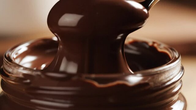 Delicious chocolate hazelnut spread being lifted from a jar by a spoon, close-up shot of the dessert