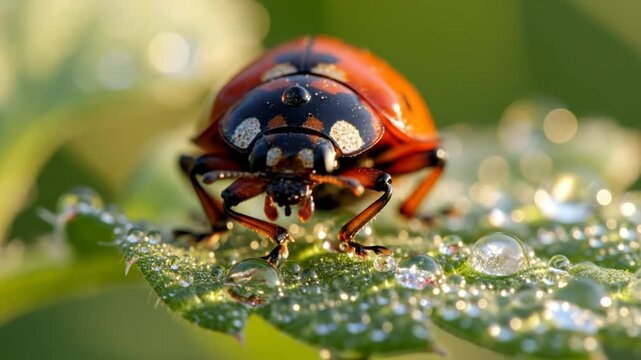 Close-up macro of a ladybug on a dewy leaf, a captivating nature scene in sunlight with glistening droplets