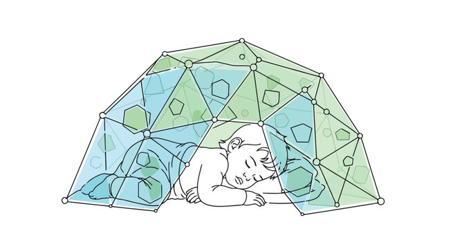Sleeping baby protected inside geometric dome structure illustration isolated on white background