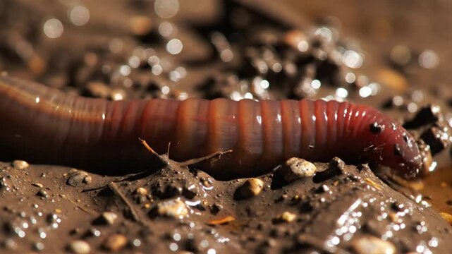 Close up view of a glistening earthworm in wet mud, showcasing its segmented body and natural habitat