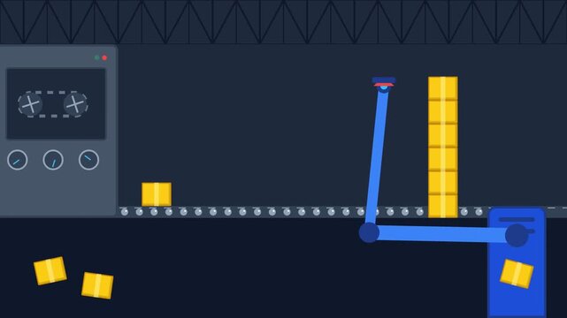 Automated robotic arm stacking boxes on conveyor belt