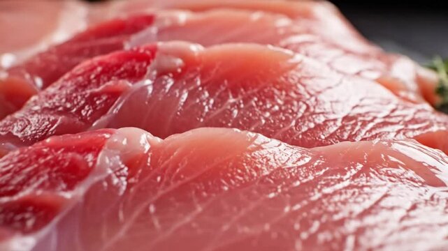 Close up view of raw turkey breast steaks with fresh herbs on a dark slate surface ready for cooking