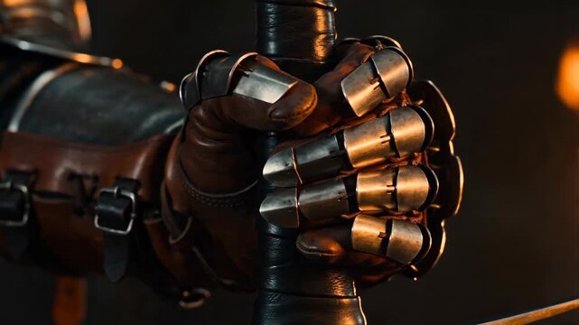 Knight gripping a sword hilt wearing protective steel gauntlets over leather gloves. Medieval warrior readying for battle. Historical armor piece close