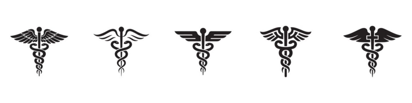 Medical caduceus symbols icon. Caduceus medical symbol set black silhouette wings and snakes pharmacy healthcare icons. Vector illustration. EPS 10	
