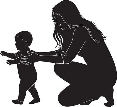 Mother kneeling encouraging her baby to take first steps, child learning to walk outdoors.