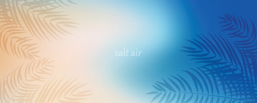 Abstract seaside. Ocean landscape vector texture. Aesthetic blue and beige gradient background. Blurred sea wave pattern. Sun, clouds, rays. Ocean breeze wide banner