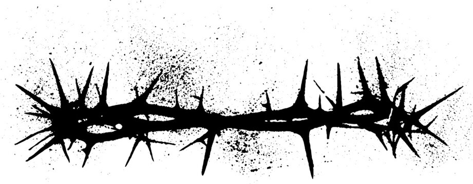 Black ink thorn crown horizontal element with splatter texture for gothic banner and background design