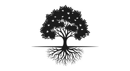 A detailed black tree with abundant foliage and exposed roots is presented as a striking silhouette high quality professional modern elegant © rabbivay