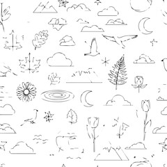 Obraz premium Whimsical nature doodle pattern featuring clouds, mountains, trees, sun, moon, and plants.