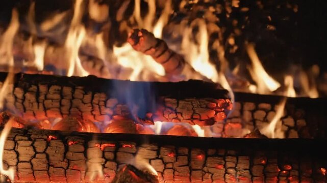 Close-up of burning firewood in a fireplace with crackling flames, glowing embers, and bright orange light