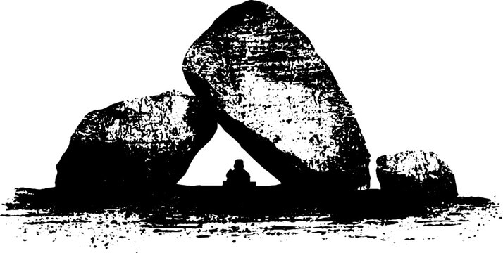 Dolmen style rune stone arch with sitting figure in high contrast black and white for poster background and design