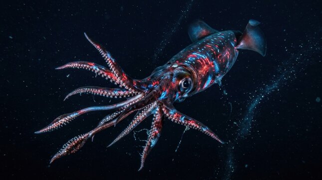 Humboldt Squid Swimming in Dark Waters With Vibrant Colors Displaying Movement and Natural Behavior in Deep Marine Environment