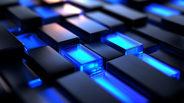  abstract digital background with interlocking dark rectangles and luminous blue transparent blocks. 