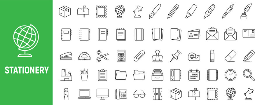 This image features a collection of 50 simple, modern line icons depicting various stationery items, including office supplies and communication tools, all in a clean and minimalist design