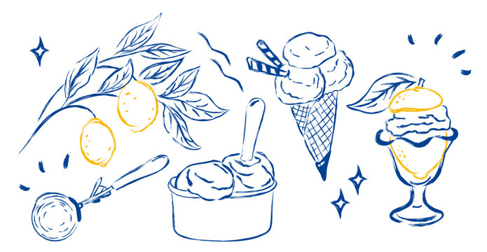 ice cream Lemon. italian Sorbet.  Mediterranean. gelato La Dolce Vita. Waffle cone in chocolate.  Vector doodle illustration. Isolated on a white background.