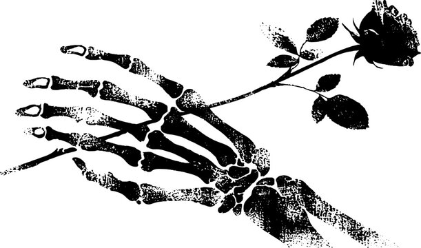 Skeleton hand clasping a rose high contrast black and white composition for gothic poster background and tattoo design