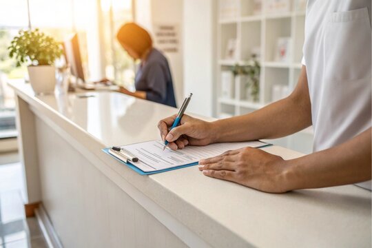 Signing clinic appointment card at reception desk healthcare setting professional interaction bright environment close-up view patient registration process