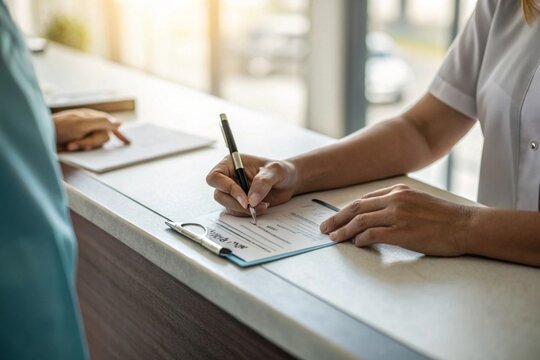 Signing clinic appointment card at reception desk healthcare setting professional interaction bright environment close-up view patient registration process