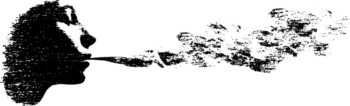 High contrast black and white ink silhouette of a woman exhaling smoke spirit for poster background and abstract banner design