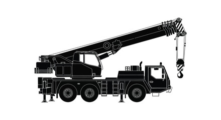 A detailed black silhouette of a mobile crane with an extended boom and cable showcasing industrial power silhouette high quality professional © rabbivay