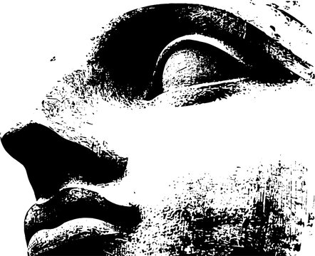 High contrast black and white statue face fragment with missing eye for stencil background poster design and graphic layout