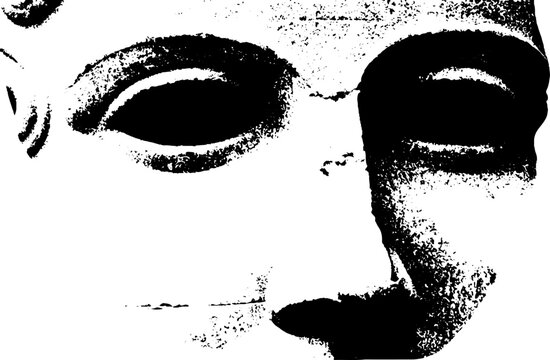 High contrast black and white statue face with sigils ink traced texture for gothic background poster and banner design