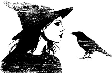 Obraz premium Witch profile with raven high contrast black and white ink illustration for halloween poster and background design