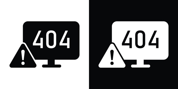 Vector icon of a laptop displaying a 404 error, accompanied by a warning triangle. Ideal for website error pages, UI design, and technical support concepts. High contrast black and white design.