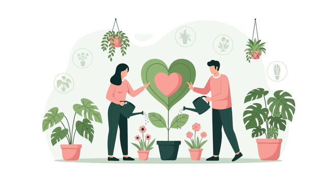 Couple Nurturing a Heart Plant: Love, Growth, Relationship Symbolism