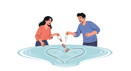 Fototapeta premium Couple Making Heart Shape in Water with Falling Coins