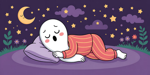Naklejka premium Sleepy ghost cartoon, night scene, purple background, dreamy illustration, cute character
