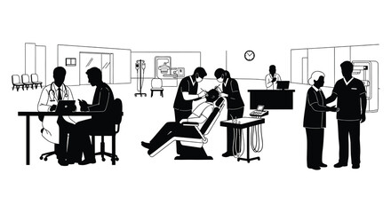 A busy hospital scene depicts doctors interacting with patients and staff rendered as a striking black silhouette high quality professional detailed © rabbivay