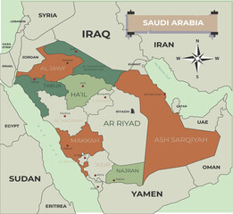 Fototapeta premium Map of Saudi Arabia with regions and cities administrative divisions vector illustration for travel and busines