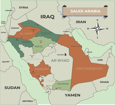 Map of Saudi Arabia with regions and cities administrative divisions vector illustration for travel and busines