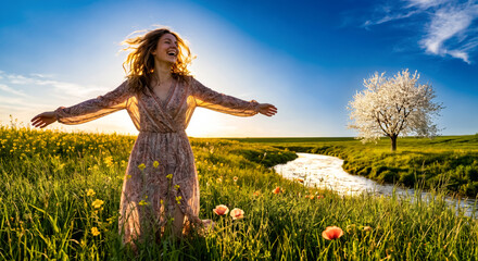 Obraz premium Woman in floral dress laughs with open arms in a sunny flower field.