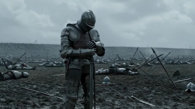 Knight in metal armor standing on dark muddy battlefield. Soldier leaning on sword amidst fallen ranks after historical battle