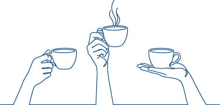 A simple blue line drawing on a white background depicting three hands each holding a coffee cup in different positions