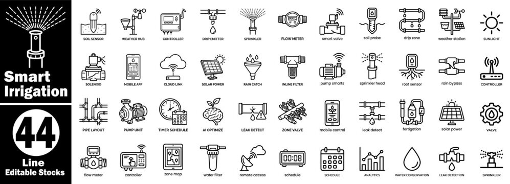 Smart irrigation line icons set. Featuring water management systems including sprinklers, drip emitters, flow meters, soil probes, and automated controller technologies.
