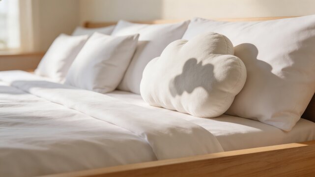 A serene and inviting of a neatly made bed with white pillows and a cloud-shaped pillow in a bright and airy room with a wooden frame and a window in the background, evoking feelings of comfort